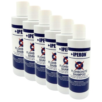 Sechs weiße Flaschen Iperon Flohschutz Shampoo mit blauen Etiketten und rotem durchgestrichenem Floh-Symbol, mit den Texten 'IPERON' und 'FLOHSCHUTZ SHAMPOO'.