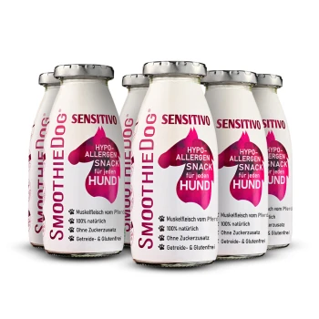 Sensitivo 6x 250ml Flaschen von SmoothieDog Sensitivo, einem hypoallergenen, 100% natürlichen, zuckerfreien, glutenfreien Hundesnack mit deutschem Text.