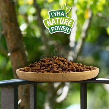 Holzplatte gefüllt mit getrockneten Haustierleckerlis auf einem Geländer, mit dem Logo "Lyra Nature Power" darüber.