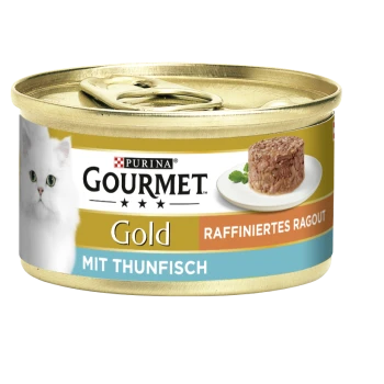Purina Gourmet Gold kattenvoerblik met een witte kat, gelabeld 'Raffiniertes Ragout mit Thunfisch' met een serveersuggestie op een bord.