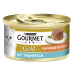 Dose mit Purina Gourmet Gold Katzenfutter, die eine weiße Katze zeigt, beschriftet mit "Raffiniertes Ragout mit Thunfisch" mit einer Serviervorschlag auf einem Teller.