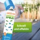 Eine Hand hält eine Sprühdose mit der Aufschrift "ARDAP UNGEZIEFER SPRAY," die im Freien sprüht mit dem Text "Schnell und effektiv."