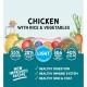 Pet food packaging with chicken, rice, and vegetables: 55% chicken, 28% rice & veggies; promotes digestion, immunity, and skin health.