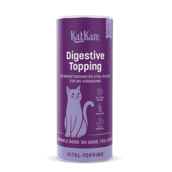 Violette KatKare 'Digestive Topping'-Dose als Katzenergänzung mit Katzenillustration, 'Vital-Topping' und dem Slogan 'Sprinkle good. Do good. Feel good.'