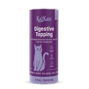 Violette KatKare 'Digestive Topping'-Dose als Katzenergänzung mit Katzenillustration, 'Vital-Topping' und dem Slogan 'Sprinkle good. Do good. Feel good.'