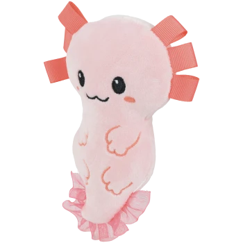 Peluche d'axolotl rose pour animal de compagnie avec visage brodé, branchies en ruban corail et queue à volants.