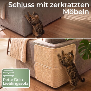 Getigerte kratzt an Sofaecke; deutscher Text: Schluss mit zerkratzten Möbeln und Logo: Rette Dein Lieblingssofa.