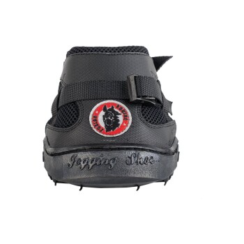 Schwarzer Hundejogging-Schuh mit einem Mesh-Design, mit einem rot-weißen Logo eines Pferdekopfes und dem Text "Jogging Schuh" auf der Sohle.