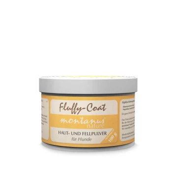 Behälter mit Fluffy-Coat montanus Natur, einem Haut- und Fellpulver für Hunde, mit einem gelben Etikett und Nährwertinformationen.