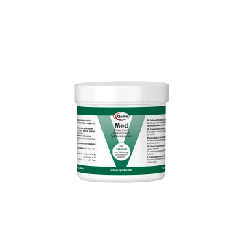 Behälter des Quiko Med Immunity System Ergänzungsmittels für Haustiere, mit grünem und weißem Design, mit Text, der Oregano zur Unterstützung des Immunsystems hervorhebt.