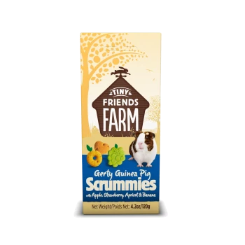 Tiny Friends Farm Gerty Guinea Pig Scrummies with apple, strawberry, apricot & banana, 4.2oz/120g, image of guinea pig and treats.