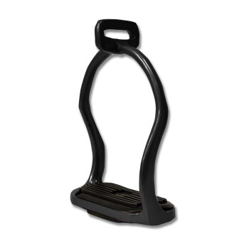 Schwarzer Pferdesteg mit einer strukturierten Fußfläche, entworfen für sicheren Halt und Komfort beim Reiten.