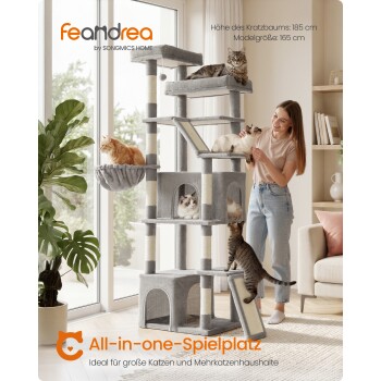 Grauer mehrstufiger Kratzbaum mit fünf Katzen und einer Frau; sichtbarer Text: 'feandrea' und 'All-in-one-Spielplatz'.