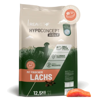 Reavet HYPOCONCEPT Adult Hundefutterbeutel "Mit frischem Lachs" 12,5 kg mit Hundesilhouette, Kroketten und Lachsfilet