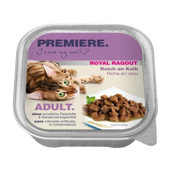 Royal Ragout Kalb 16x100 g Verpackung für Katzenfutter mit einer verspielten getigerten Katze mit grünen Augen, beschriftet mit "Premiere. Ich liebe meine Katze" und "Royal Ragout, reich an Kalbfleisch."