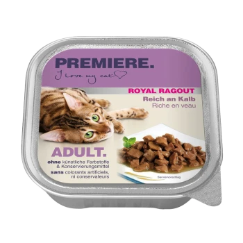 Verpackung für Katzenfutter mit einer verspielten getigerten Katze mit grünen Augen, beschriftet mit "Premiere. Ich liebe meine Katze" und "Royal Ragout, reich an Kalbfleisch."