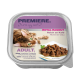 Verpackung für Katzenfutter mit einer verspielten getigerten Katze mit grünen Augen, beschriftet mit "Premiere. Ich liebe meine Katze" und "Royal Ragout, reich an Kalbfleisch."