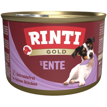 RINTI Gold Hundefutterdose mit einem verspielten Hund mit lila Schleife, beschriftet "mit Ente", getreidefrei, in feinen Stückchen.