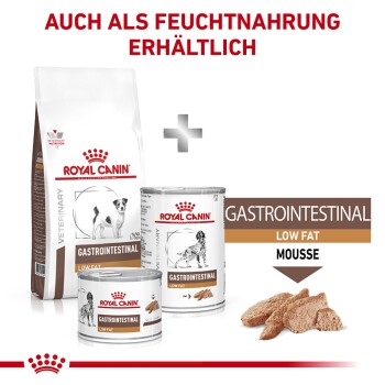 Royal Canin Gastrointestinal fettarme Hundefutter, das eine Trockenfuttertüte, eine Dose und eine Mousse zeigt, mit Text, der die Verfügbarkeit von Nassfutter angibt.