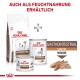 Royal Canin Gastrointestinal fettarme Hundefutter, das eine Trockenfuttertüte, eine Dose und eine Mousse zeigt, mit Text, der die Verfügbarkeit von Nassfutter angibt.