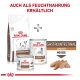 Royal Canin Gastrointestinal fettarme Hundefutter, das eine Trockenfuttertüte, eine Dose und eine Mousse zeigt, mit Text, der die Verfügbarkeit von Nassfutter angibt.