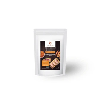 Verdauungsfördernde Snacks - getreidefrei - 70 g Verpackung für Wildfang Verdauungsunterstützungssnacks mit einem schwarz-weißen Etikett, das Bilder von Snacks und Zutaten zeigt.