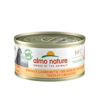 Almo Nature Katzenfutterdose mit Thunfisch und Garnelen, beschriftet mit "HFC Natural", mit "100% Gewinne für die Natur" und "im Besitz der Tiere."