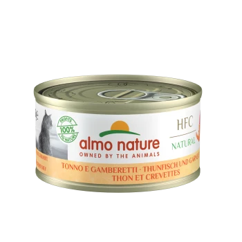 Puszka karmy dla kotów Almo Nature z tuńczykiem i krewetkami, oznaczona jako "HFC Natural," z napisem "100% zysków dla natury" i "należy do zwierząt."