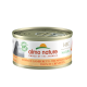 Boîte de nourriture pour chats Almo Nature avec du thon et des crevettes, étiquetée "HFC Natural," avec "100% profits to nature" et "owned by the animals."