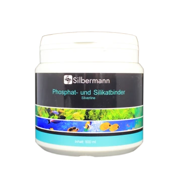 Behälter mit Silbermann Phosphat- und Silikatbinder, 500 ml, mit aquatischen Bildern auf dem Etikett.