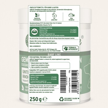 Weißer Becher mit AniForte Eierschalenpulver als Ergänzungsfuttermittel, grün-weißes Etikett mit der Aufschrift 'Futtermittel für Hunde & Katzen', 250 g.