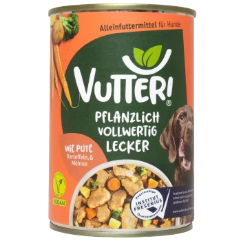 Dosen-Hundefutter von Vutteri, gekennzeichnet mit "Pflanzlich Vollwertig Lecker," mit einem Hundebild, und Zutaten wie Kartoffeln und Karotten.