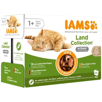 IAMS Land Collection kattenvoerdoos met oranje gestreepte kat, IAMS-logo, in saus, 100% compleet & uitgebalanceerde voeding