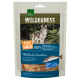 A pet snack package featuring a wolf in a forest background, labeled "WILDERNESS FISH SNACK 100% ALASKA WILD SALMON."