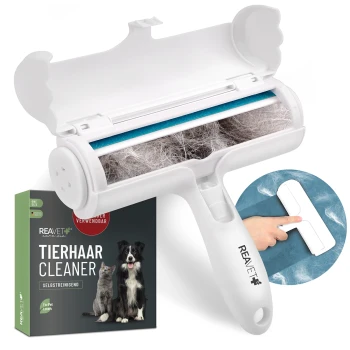 Selbstreinigender Tierhaarbürster in Weiß und Blau, mit einer Box im Hintergrund, die "REAVET care me Tier Cleaner" und "For Pet Lovers" beschriftet ist.