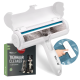 Selbstreinigender Tierhaarbürster in Weiß und Blau, mit einer Box im Hintergrund, die "REAVET care me Tier Cleaner" und "For Pet Lovers" beschriftet ist.