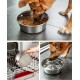 Ein Hund frisst Trockenfutter aus einer Edelstahlschüssel, während eine Hand die Schüssel in eine Geschirrspülmaschine stellt und der Hund aus einer anderen Schüssel trinkt.