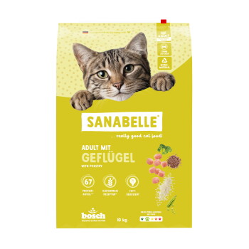 Gelber SANABELLE-Katzenfuttersack mit hervorlugender getigerter Katze; Aufschrift 'Adult mit Geflügel / with poultry', 10 kg