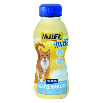 Flasche MultiFit Katzenmilch mit einer verspielten orangefarbenen Katze, die sich die Lippen leckt, beschriftet "Katzenmilch" und "Snacks" in mehreren Sprachen.