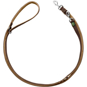 Eine braun-beige Hundeleine mit einem gepolsterten Griff und einem Metallclip zum Befestigen an einem Halsband, vor einem weißen Hintergrund präsentiert.