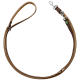 Eine braun-beige Hundeleine mit einem gepolsterten Griff und einem Metallclip zum Befestigen an einem Halsband, vor einem weißen Hintergrund präsentiert.
