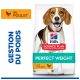 Sac de nourriture Hill's Science Plan «Perfect Weight» avec image de chien, mention «with chicken», textes visibles «GESTION DU POIDS» et «au POULET»