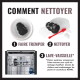 Graphique de nettoyage d'un jouet KONG noir avec en‑tête français 'COMMENT NETTOYER' et étapes 'FAIRE TREMPER, NETTOYER, LAVE‑VAISSELLE'