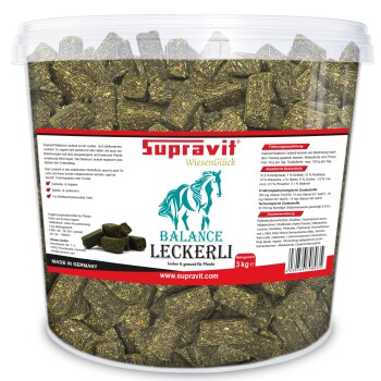 Transparenter Behälter mit Supravit Balance Leckerli für Pferde, 3 kg, türkisfarbenes Pferdelogo, "Made in Germany"