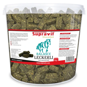 Transparenter Behälter mit Supravit Balance Leckerli für Pferde, 3 kg, türkisfarbenes Pferdelogo, "Made in Germany"