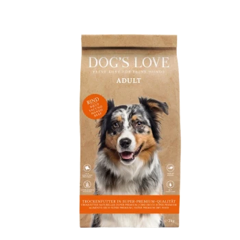 Braune Papiertüte mit DOG'S LOVE Hundefutter für Erwachsene, mit einem Rindfleischlabel, mit Text in deutscher Sprache und einem Hundebild auf der Vorderseite.