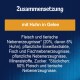Tierfutterverpackung mit "Zusammensetzung mit Huhn in Gelee," die Zutaten wie Fleisch, tierische Nebenprodukte und Mineralien auflistet.