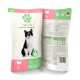Katzenfutterverpackung mit einer schwarz-weißen Katze, beschriftet mit 'Fellicita' und 'Truthahn'-Geschmack, sowie Text, der gesunde Ernährung fördert.