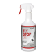 Weiße Sprühflasche mit der Aufschrift "FLY STOP DEET" mit 10% DEET, mit einer Insektengrafik und deutschem Text zum Schutz von Pferd und Reiter.