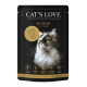 Die Verpackung von Cat's Love Senior Katzenfutter in Schwarz und Gold, die eine flauschige Katze zeigt und "Senior 10+ Jahre" sowie ernährungsphysiologische Vorteile hervorhebt.